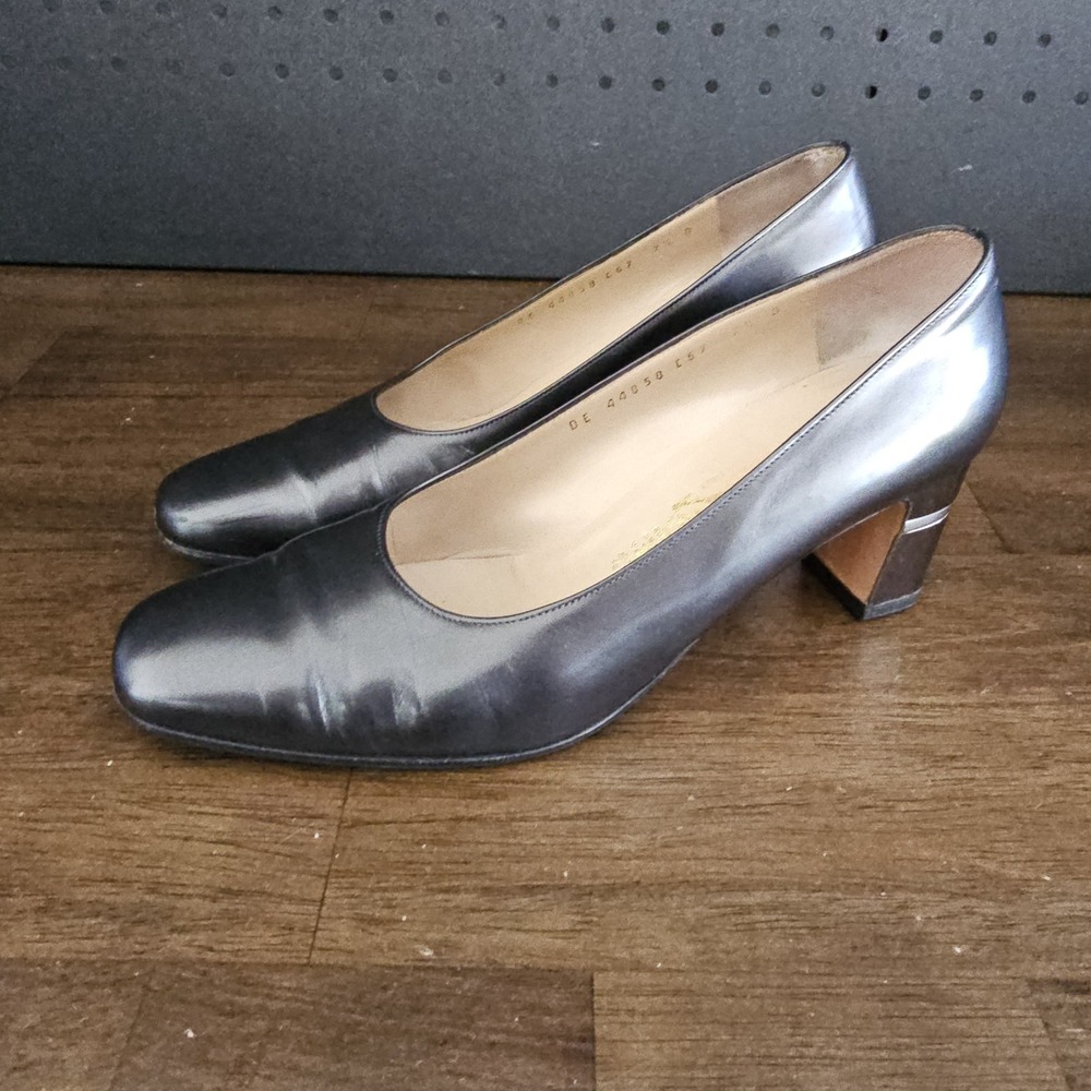 90s‎ Salvatore Ferragamo Baguette Leather Pumps 7.5 Square Metallic Chunky Heels